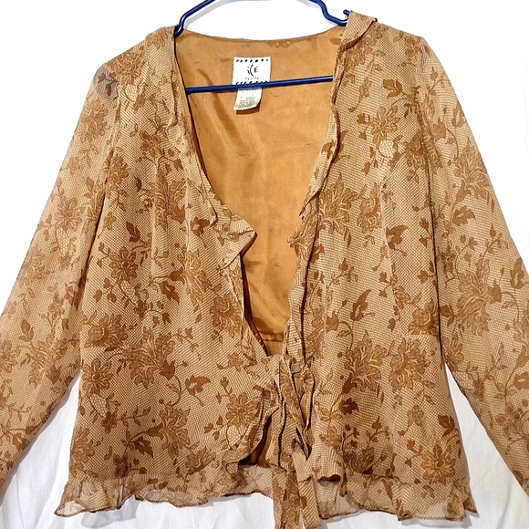 3/$20-Silk Boho Floral Blouse, Gold, Ruffles, Long Sleeves, ICE brand - Picture 2 of 13